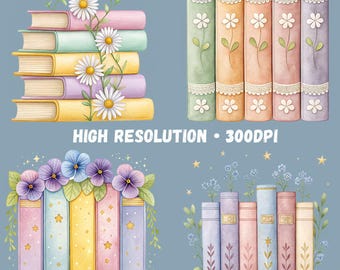 Books & Flowers Clipart Bundle 15 Watercolor Floral Book Graphics Book Lover Sublimation Books Clip Art Library Books Transparent PNGs