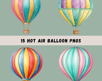 Hot Air Balloon Clipart Bundle, 15 Watercolor Colorful Hot Air Balloons, Hot Air Balloon PNGs, Nursery Decor, Junk Journal, Transparent PNGs