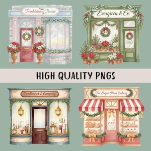 K&ouml;nnte beinhalten: Aquarellillustrationen von vier malerischen Gesch&auml;ften: Twinkleberry Florist, Evergreen & Co., Candlewick & Company und The Sugar Plum Bakery. Jedes Gesch&auml;ft ist mit Weihnachtsdekorationen geschm&uuml;ckt, darunter Kr&auml;nze, Weihnachtsstern und Girlanden. Der Text "HIGH QUALITY PNGS" ist zu sehen.
