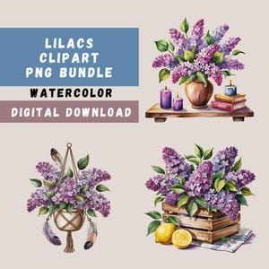 Lilacs Clipart Bundle, 15 Watercolor Lilac PNGs, Purple Lilacs Sublimation, Candles, Gardening, Purple Flowers, Wall Art, Transparent PNGs