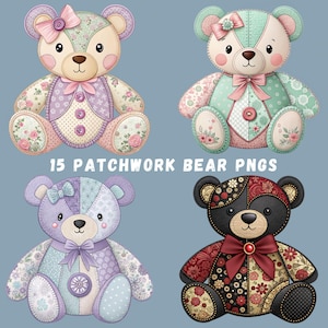 Teddy Bear Clipart Bundle, 15 Patchwork Bears, Watercolor Nursery Decor Graphics, Bear Sublimation, Sewing, Cute Bear, Transparent PNGs