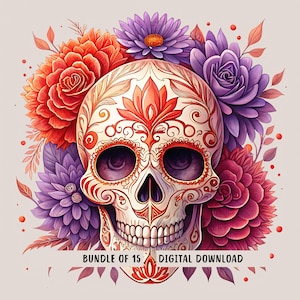 Floral Skulls PNG Clipart Bundle, 15 Vibrant Skull Images, Skull Sublimation, Floral Skull Illustrations, Shirt Designs, Transparent PNGs