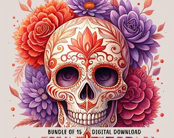 Floral Skulls PNG Clipart Bundle, 15 Vibrant Skull Images, Skull Sublimation, Floral Skull Illustrations, Shirt Designs, Transparent PNGs