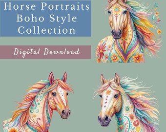 馬の肖像画セット、水彩画ボヘミアン風馬15頭、馬の昇華プリント