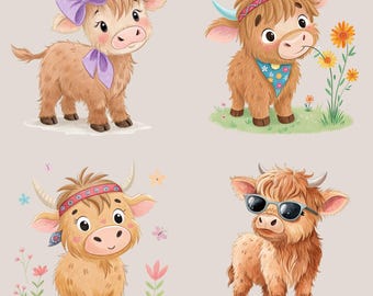 Cute Highland Cow Watercolor Clipart, PNG Designs (Digital Download)