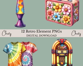 Op de afbeelding: Digitale download van 12 retro-elementen. Inclusief een lavalamp, een bloemenlunchbox, tie-dye t-shirts en een jukebox. De tekst luidt "12 Retro Element PNGs DIGITAL DOWNLOAD" met een "Christy Creation"-logo.