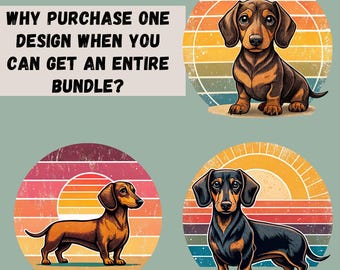 Dachshund Clipart Bundle, 15 Wiener Dogs on Retro Sunset Background, Dog Sublimation, Dog Lover, Cute Vintage Dog Designs, Transparent PNGs