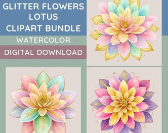 Colorful Flowers Clipart Bundle, 15 Watercolor Glitter Flowers, Lotus Sublimation, Shirt Designs, Sparkly Flower Designs, Transparent PNGs