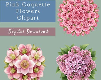 Pink Coquette Floral Clipart, 15 PNG Flower Graphics (Digital Download)