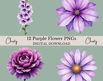 Purple Flowers Clipart Bundle, 12 Watercolor Floral Illustrations, Botanical Designs, Purple Lover, Journal Graphics, Transparent PNGs