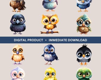 Aquarel grappige vogel clipart – leuke illustratiebundel (digitale download)