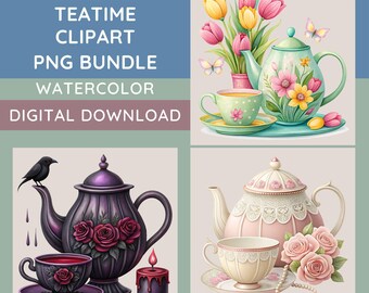 Teatime Tea Set Clipart Bundle, 15 Beautiful Teatime Designs, Tea Cup Clip Art, Teatime Sublimation, Watercolor Tea Sets, Transparent PNGs