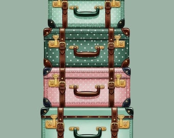 May include: A stack of four vintage suitcases in shades of teal, green, and pink, each adorned with white polka dots. The suitcases feature brown leather straps, handles, and gold-colored clasps, creating a classic travel theme.