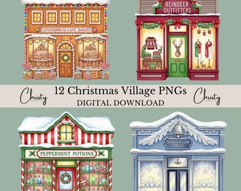 Christmas Village Clipart Bundle, 12 Watercolor Storefront Designs, Card Making, Crafting, Holiday Sublimation, Transparent PNGs