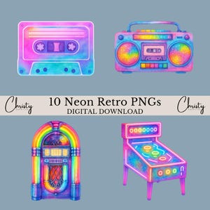 Op de afbeelding: Waterverfillustraties van retro-items in neonkleuren. Inclusief een cassettebandje, een boombox, een jukebox en een flipperkast. De tekst luidt "10 Neon Retro PNGs DIGITAL DOWNLOAD" met de naam "Christy" in script.