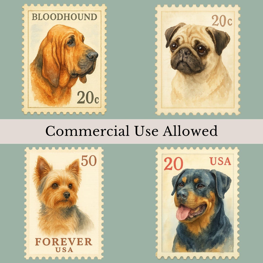 Dog Postage Stamps Clipart Bundle, 12 Watercolor Dog Stamps, Dog Lover ...