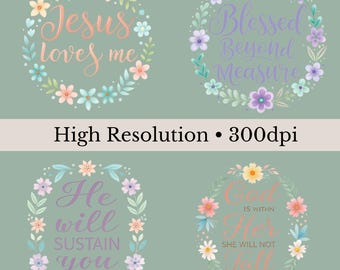 Christian Quotes Clipart Bundle, 15 Watercolor Scripture PNGs, Christian Sayings, Flowers, Sublimation, Journaling Art, Transparent PNGs