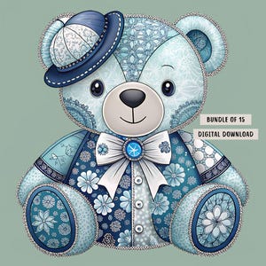 Teddy Bear Clipart Bundle 15 Patchwork Bear Watercolor Nursery Decor Graphics Bear Sublimation Sewing Cute Bear Animal Transparent PNGs