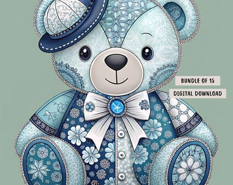 Teddy Bear Clipart Bundle 15 Patchwork Bear Watercolor Nursery Decor Graphics Bear Sublimation Sewing Cute Bear Animal Transparent PNGs