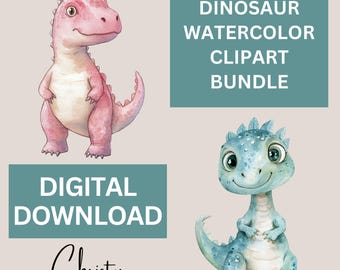 Dinosaurie Clipart-paket, 12 förhistoriska akvarelldesigner, Barnrumsdekor