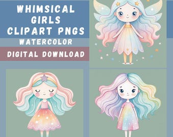 Paquete de imágenes prediseñadas de chicas caprichosas: 15 ilustraciones de niñas en acuarela, sublimación de niña pequeña, PNG de chicas lindas, chicas pastel, PNG transparentes