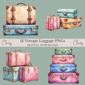 Antique Suitcases Clipart Bundle, 12 Watercolor Travel Graphics, Retro Suitcase Sublimation, Luggage Clip Art, Vacation, Transparent PNGs