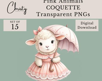 Coquette Animals Sublimation, 15 Watercolor Pink Images, Pink Clipart, Printable Wall Art, Nursery, Raccoon, Pig, Bear, Transparent PNGs