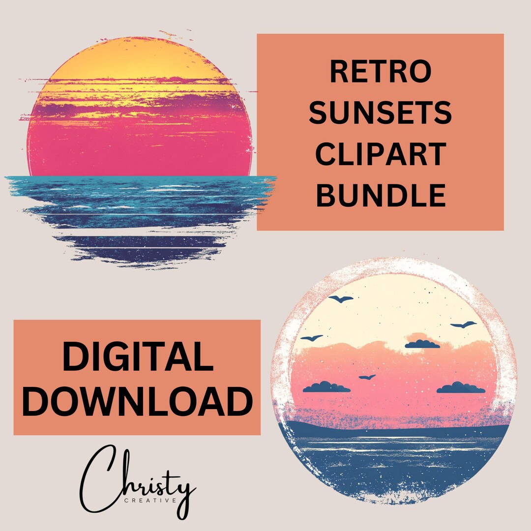Retro Sunsets Clipart Bundle, 12 Sunset Retro Graphics, Sunset Lovers ...