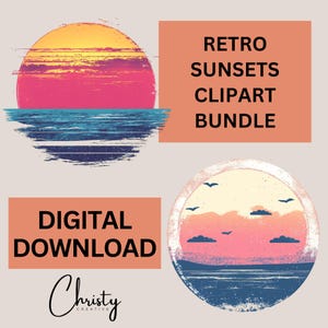 Bundle de cliparts couchers de soleil rétro, 12 graphiques rétro coucher de soleil, graphiques amoureux coucher de soleil, clipart soleil, coucher de soleil PNG, coucher de soleil rétro PNG Bundle