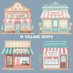 Pacchetto di clipart di negozi di paese, 15 edifici acquerellati, sublimazione artigianale, illustrazioni di edifici pastello, bordo del negozio, PNG trasparenti