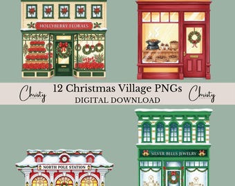 Christmas Village Clipart Bundle, 12 Watercolor Storefronts, Holiday Sublimation PNGs, Festive Shops, Christmas Craft Designs