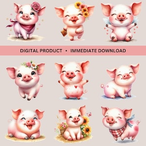 Pig Clipart Digital Download Sublimation PNG Immediate Access Watercolor Card Design Junk Journal Art Pig Bundle Set Of Pig Clip Art