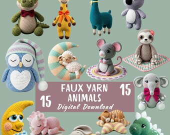 May include: A collection of 15 crocheted faux yarn animals, including a crocodile, giraffe, llama, koala, owl, sheep, mouse, sloth, elephant, moon, dinosaur, bunny, and a dog. The text "FAUX YARN ANIMALS Digital Download" is also present.