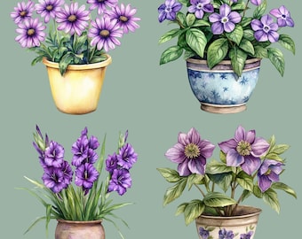 紫色の花のクリップアートバンドル、紫色の花柄グラフィック12点、紫色の水彩クリップアート、印刷可能なウォールアート、観葉植物のPNG画像、観葉植物のクリップアート