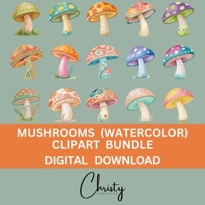 Paquete de imágenes prediseñadas de hongos, 15 diseños de hongos en acuarela, imágenes de hongos estilo boho, arte para álbumes de recortes, hongos de sublimación, PNG transparentes