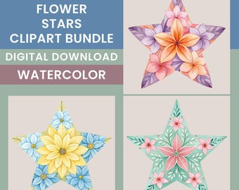 Star Flower Clipart Bundle, 15 Watercolor Star Designs, Whimsical Floral Images, Junk Journal Art, Scrapbooking Set, Transparent PNGs