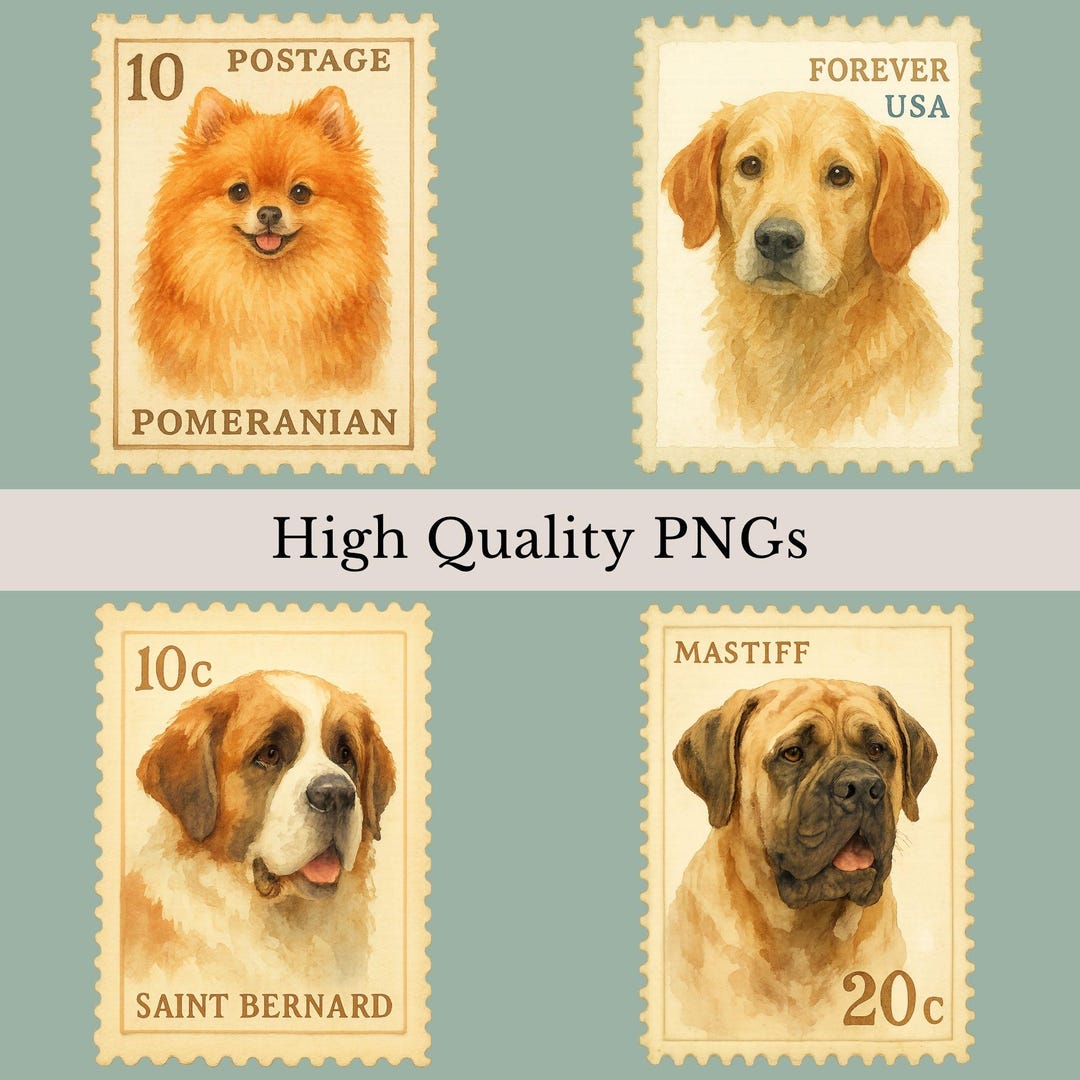 Dog Postage Stamps Clipart Bundle, 12 Watercolor Dog Stamps, Dog Lover ...
