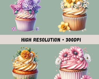 Blumen Cupcake Clipart Bundle, 15 Frühlingsblumen Cupcakes, Florale Sublimation, Dessert Clip Art, bunte Pastell Cupcakes, transparente PNGs