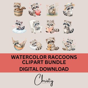 Raccoon Sublimation Bundle, 12 Watercolor Woodland Raccoon Designs, Raccoon Clip Art, Nursery Wall Art, Cute Animals, Transparent PNGs
