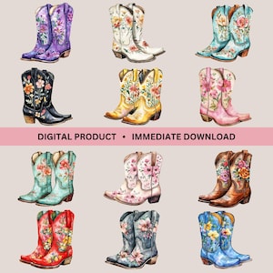 Cowgirl Boots Clipart Bundle, 12 Pastel Boot Graphics, Watercolor Boot Clip Art, Transparent PNGs, Cowgirl Boot Illustrations, Boot PNGs