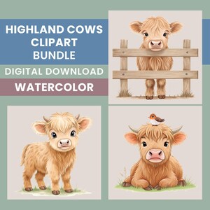 Baby Highland Cow PNG Sublimation Bundle, 15 Watercolor Baby Cows, Shirt Sublimation, Nursery Decor, Shirt Designs, Transparent PNGs