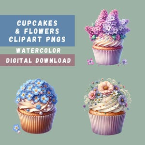 フラワーカップケーキのクリップアート集、春の花のカップケーキ15種類、花の昇華、デザートのクリップアート、カラフルなパステルカラーのカップケーキ、透明なPNG画像