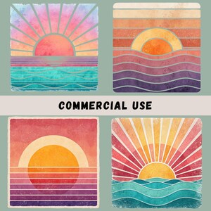 Op de afbeelding: Vier digitale illustraties van zonsondergangen boven de oceaan. Elke illustratie heeft een ander kleurenpalet en een andere stijl van zon en golven. De illustraties zijn in retro-stijl met een aquareleffect.