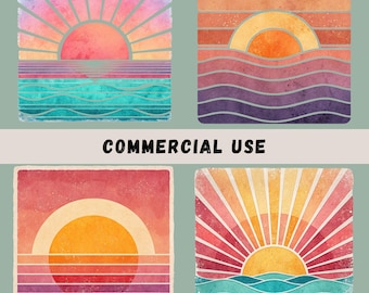 Paquete de imágenes prediseñadas de atardeceres retro, 15 atardeceres vintage en acuarela, sublimación de atardeceres, imágenes prediseñadas de atardeceres, diseños de sol, grunge, PNG transparentes