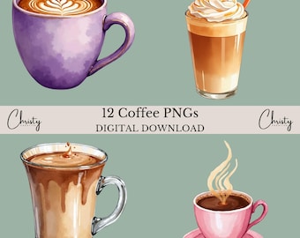 Coffee Clipart PNGs, 12 Watercolor Coffee Illustrations, Coffee Lovers, Coffee Shop Art, Latte, Espresso, Iced Coffee Designs, Transparent