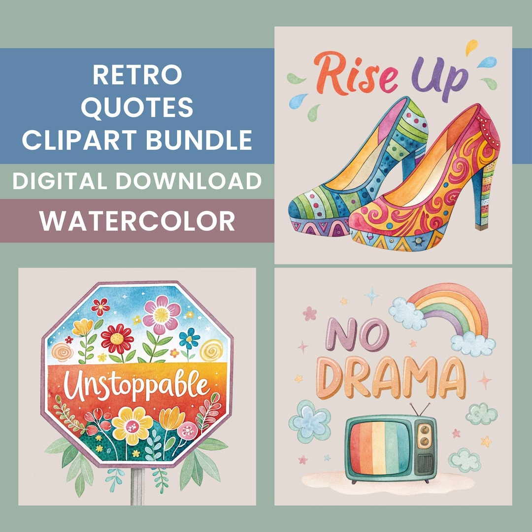Retro Positive Quotes Clipart Bundle, 15 Watercolor Quote Designs ...