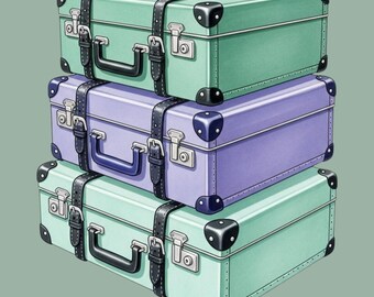 Antique Suitcases Clipart Bundle, 12 Watercolor Travel Graphics, Retro Suitcase Sublimation, Luggage Clip Art, Vacation, Transparent PNGs