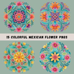 Mexican Flowers PNG Bundle, 15 Hispanic Floral Designs, Flower Sublimation, Shirt Designs, Fiesta Party Clipart, Transparent PNGs