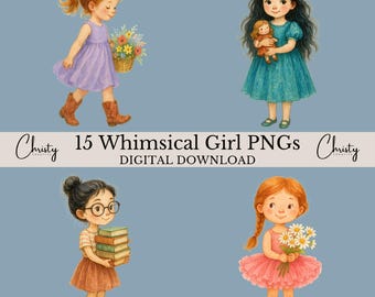 Whimsical Girl Clipart PNGs, 15 Watercolor Girls, Girls Room Decor, Funny Little Girls, Cute, Card Making, Crafting Art, Transparent PNGs