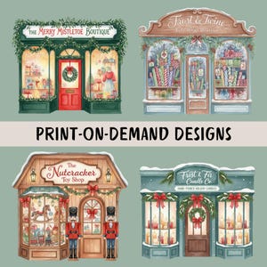 K&ouml;nnte beinhalten: Aquarellillustration von vier festlichen Gesch&auml;ften: "The Merry Mistletoe Boutique", "Frost & Twine Gift Wrap Boutique", "The Nutcracker Toy Shop" und "Frost & Fir Candle Co." Der Text "PRINT-ON-DEMAND DESIGNS" ist ebenfalls enthalten.